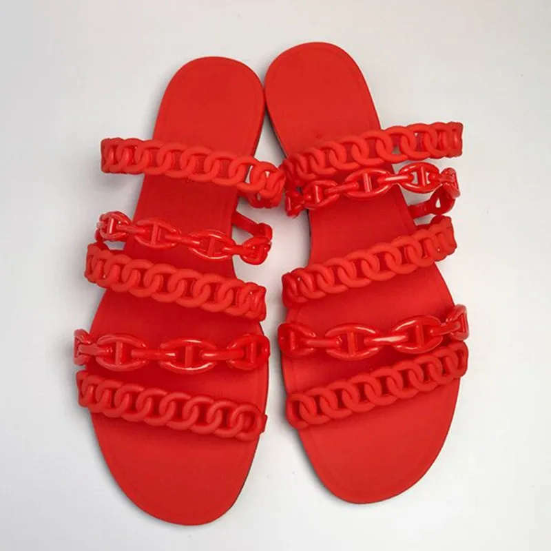 Fast Delivery New Fashion European Five Chain Summer Sandals Outside Slip On Soft PVC Flat Slides Beach Shoes Casual Slippers