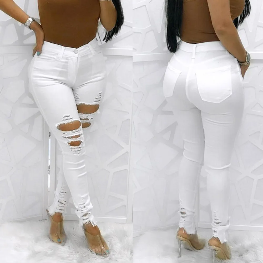 

2019 White Women High Waisted Skinny Elastic Denim Pants Holes Broken Pencil Jeans Hole Ripped vadim high waist jeans 3.19