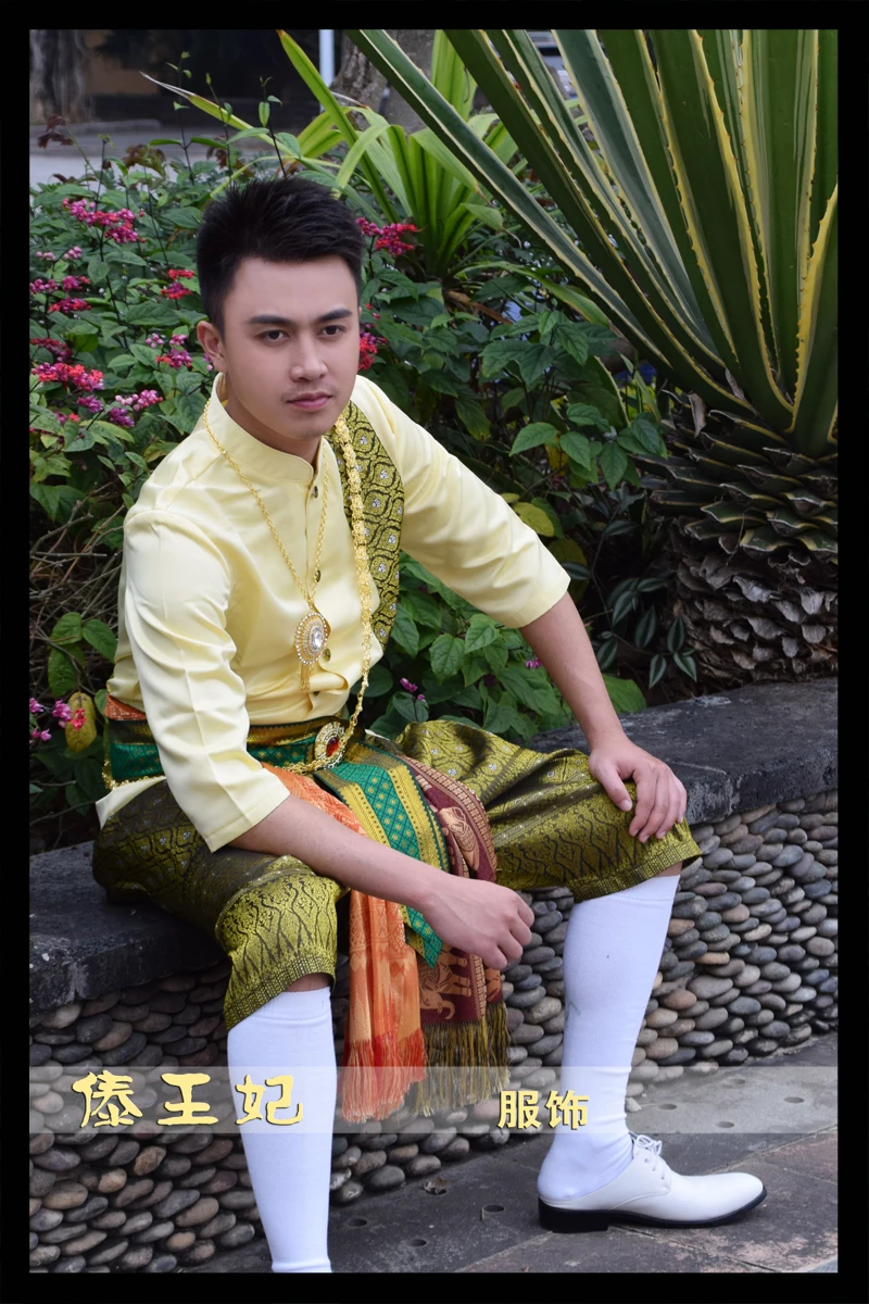 Тайский принц Дай костюм фотографии Movie Studio Ретро Племенной мужской одежды Подиум Сонгкран одежда среднего рукавом Китайское меньшинство мужчин