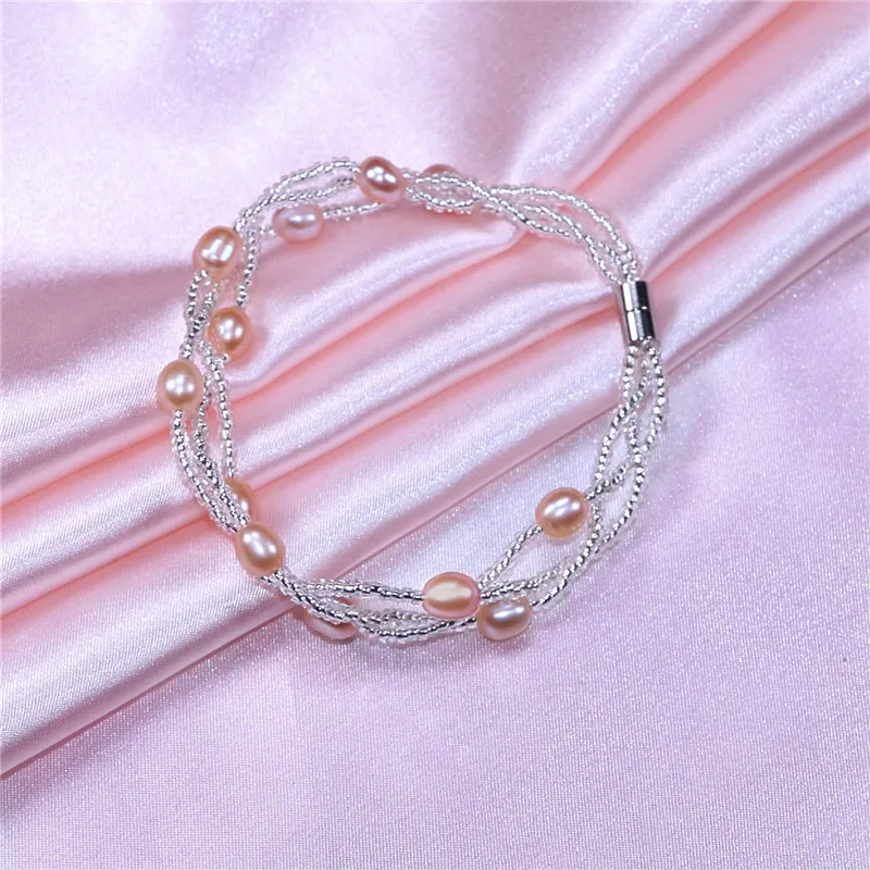 Жемчужный браслет, несколько рядов, разноцветный натуральный жемчуг, браслет, модный браслет для женщин,, опт и розница - Окраска металла: pink pearl