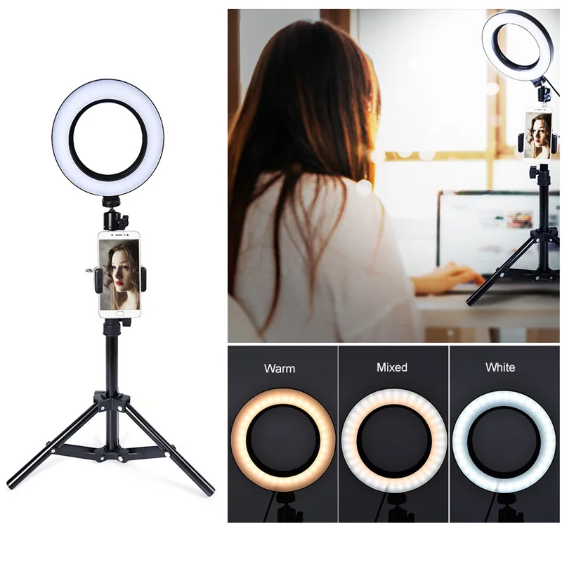

LED Ring Light Photography Selfie Toning 3 Colors Brightness Adjustable With Phone Holder USB Plug Dimmable Led Light