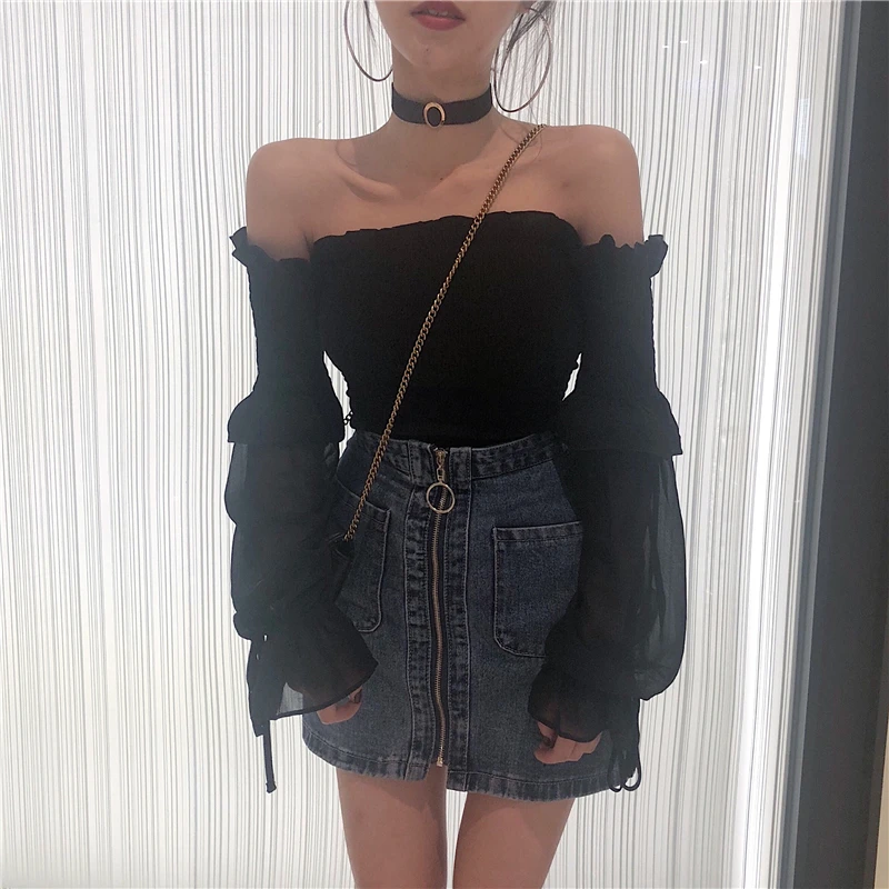 

Women's Clothing Summer Autumn New Korea Chic Sexy crop top bandage Blouses Vintage Solid Slash Neck long Pull Sleeve Shirts