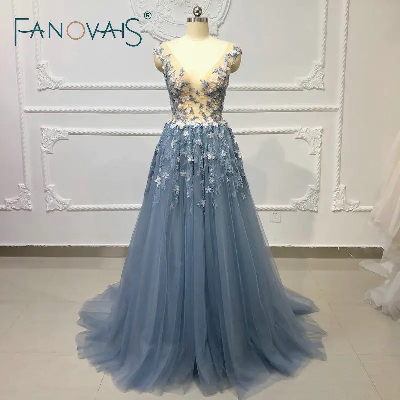 

Gray Blue Formal Dress Women Elegant Evening Dresses Flower Sexy Prom Dresses Vestido De Fiesta Robe De Soiree Party Gowns 2019