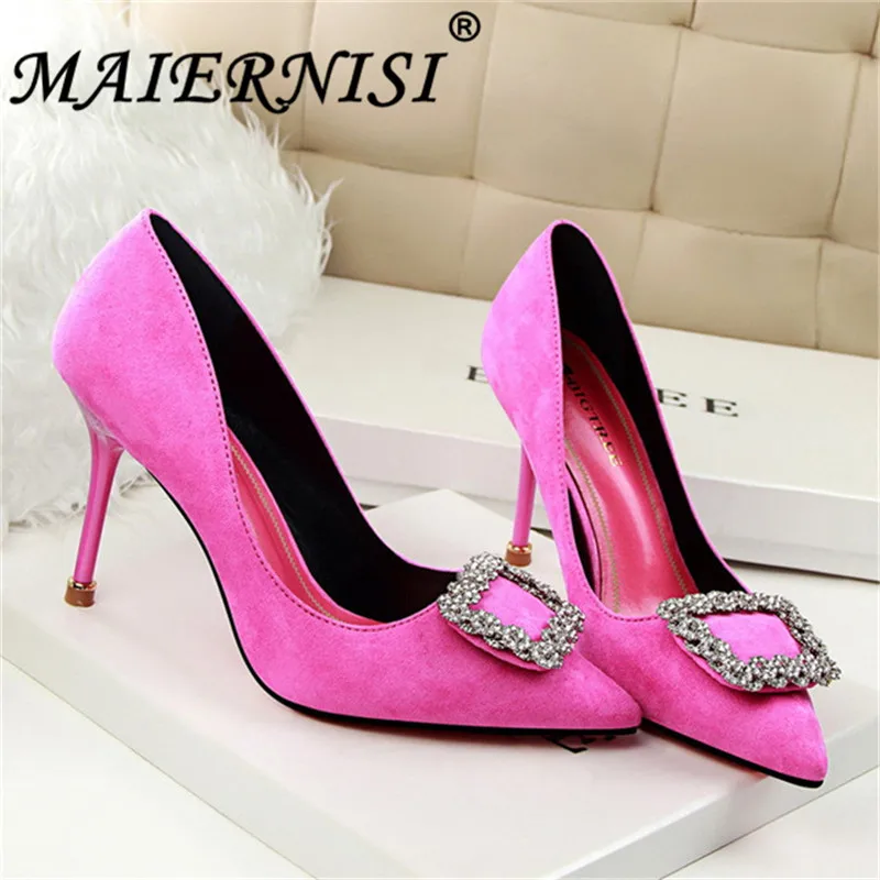 

Elegant Rhinestone Square Buckle Pointed Toe Shoes 2019 New Solid Flock Shallow Women Pumps Fashion Women's High Heels 9cm Shoes