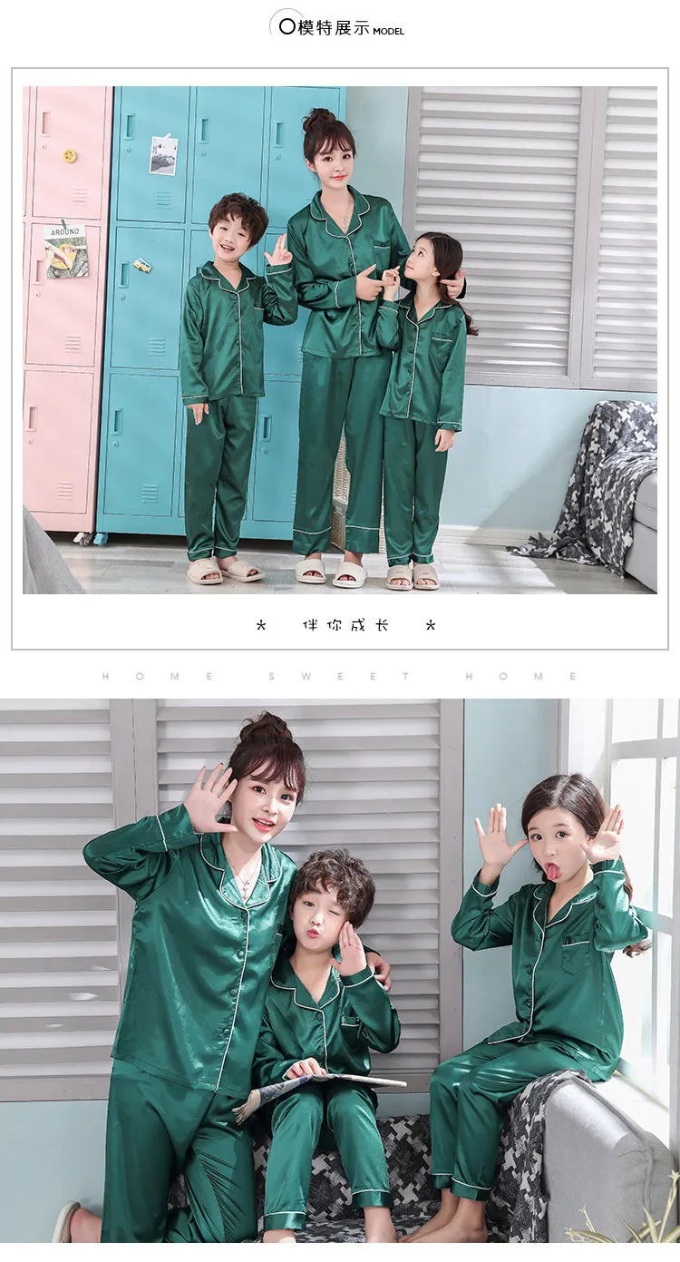 Soild Silk Children Pajamas Suit Autum Family Matching Outfits Long Sleeve Mommy and Baby Clothing Soft Mom and Me Pyjamas Set