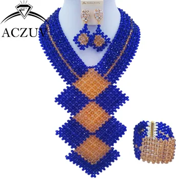 

ACZUV Fashion Royal Blue and Gold African Beads Jewelry Set for Women Nigerian Wedding Necklace and Earrings CFKB002