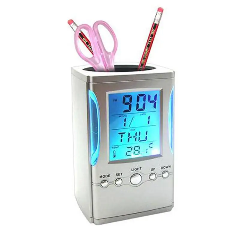 

Multifunction Pencil Pen Holder Digital LCD Alarm Clock Time Date Calendar Temperature Display Desk Organizer Office Supplies
