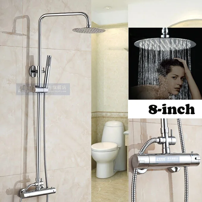 Chrome Rainfall 8 Ultrathin Round Shower Head Ajust Height Thermostatic Shower Mixer Faucet with Handheld Shower