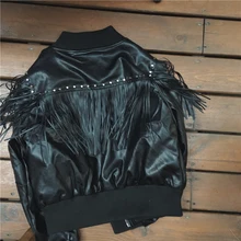 black PU leather short jacket girl Rivet tassel female costume slim outerwear for singer dancer bar star nightclub performance
