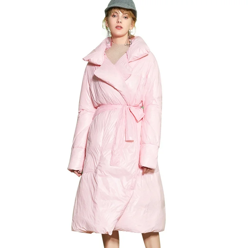 

2019 New Winter Keep Warm Belt Full Sleeve Ribbon X-long Loose Style Down Coat Female Jacket Women Fashion Tide