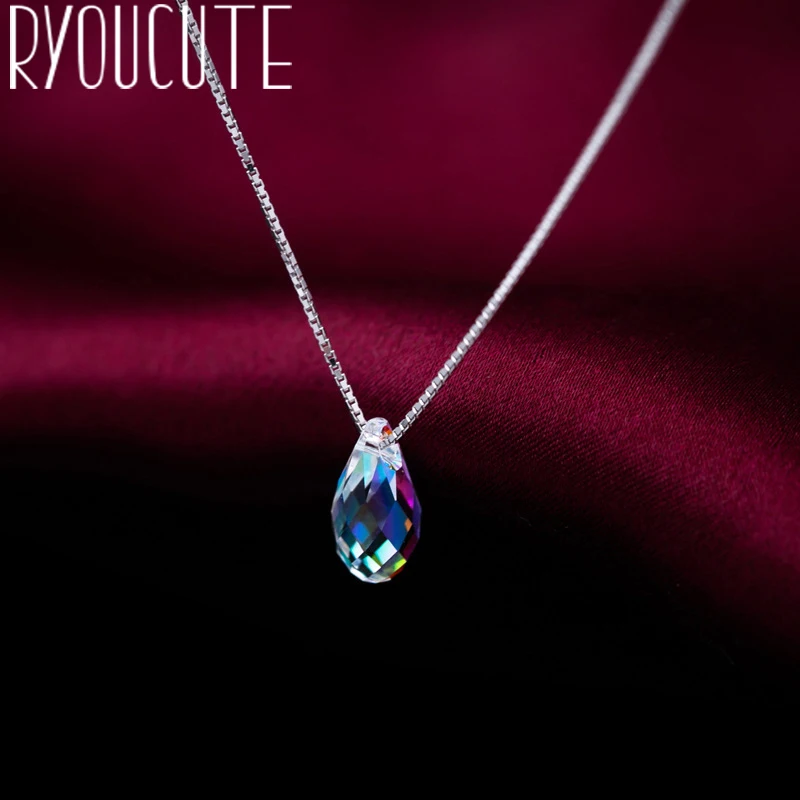 

RYOUCUTE 100% Real Pure 925 Sterling Silver Jewelry Boho Long Chain Colorful Water Tears Necklaces For Women Gifts Kolye Collar