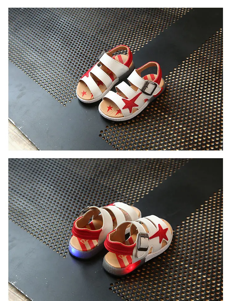 Сандалии для мальчиков Дети Лето г. маленьких детей обувь с подсветкой из искусственной кожи