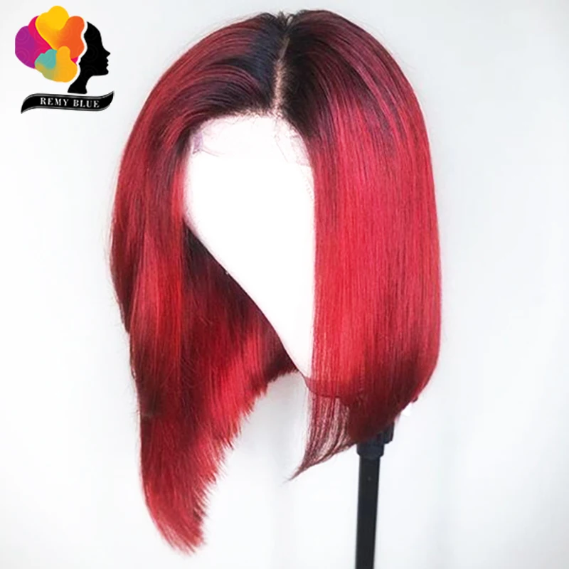 Remyblue Short Bob Red Straight 13X4 Lace Front Human Hair Wig Pre Plucked Hairline Peruvian Remy Burgundy Wig With Baby Hair - Цвет волос: T1B Red