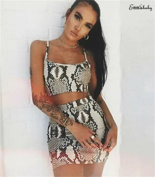 

Women Sexy Sleeveless Snakeskin Print Crop Bodycon Mini Dress 2pcs Clubwear Fashion Sets
