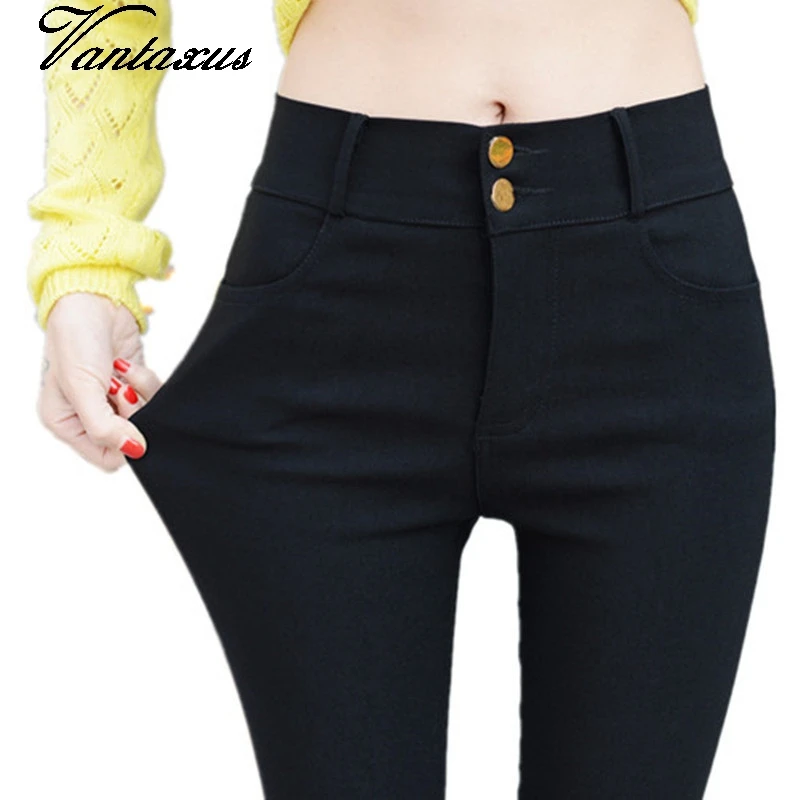 Женская Повседневная Уличная мода смесового хлопка узкие брюки женские ботильоны длина Тощий Пант Твердые Черная кнопка карман брюк