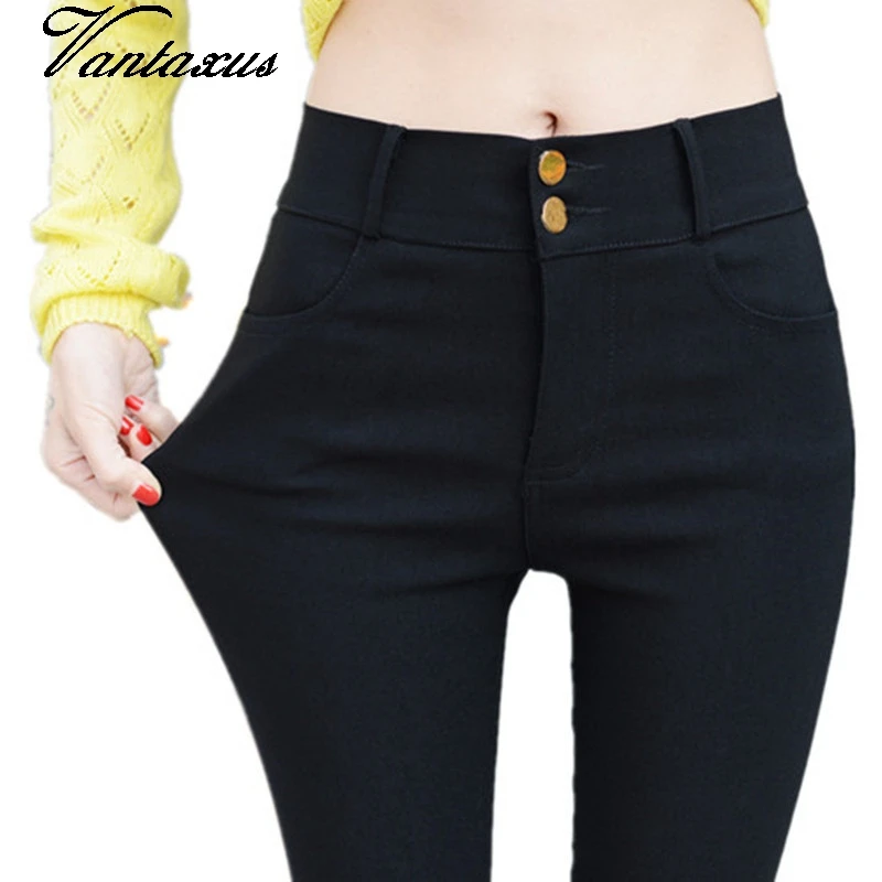 

lady casual street fashion blended cotton slim pencil pants women ankle length skinny pant solid black button pocket trousers