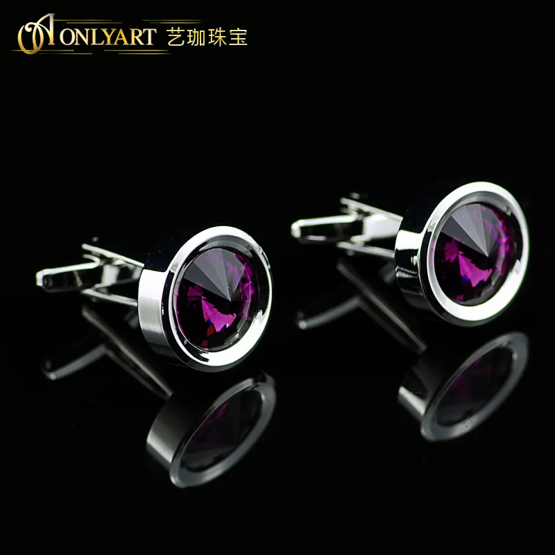 OnlyArt Dark Purple Crystal Cufflink Men's Round Cufflinks Silver Color Fashion Button For Shirts