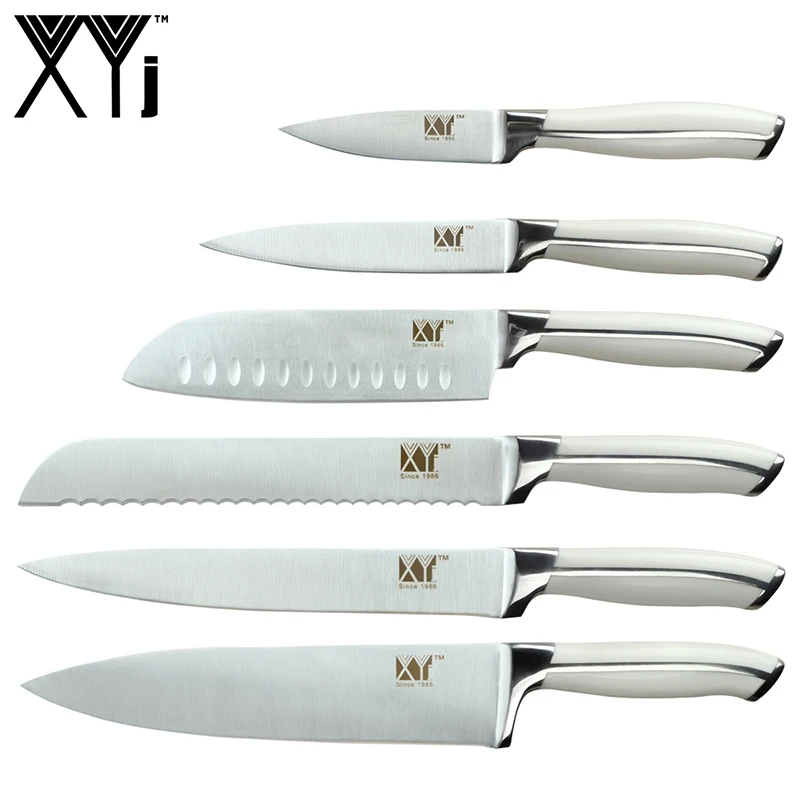 

XYj Stainless Steel +Pom Handle Knives Set Fruit Utility Santoku Bread Slicing Chef Kitchen Knife Scissor Sharpener Cooking Sets