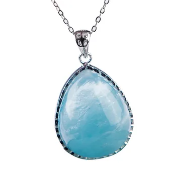 

Women Necklace Fashion Charms Silver Fine Jewelry Water Drop Bead Natural Aquamarine Pendant 34x25x13mm