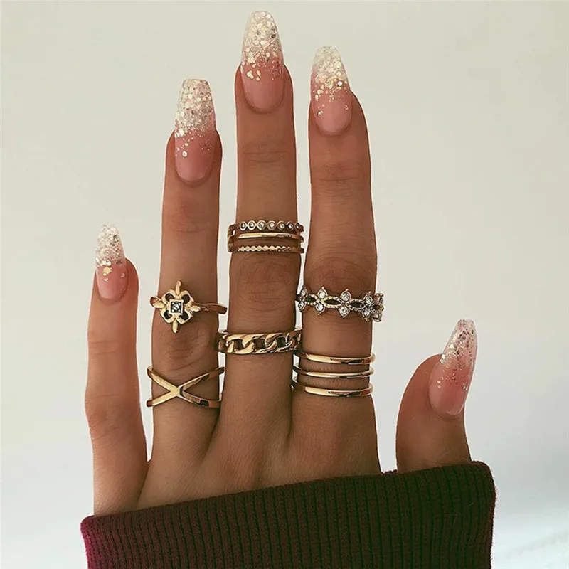 

8 Pcs/set Vintage Boho Cross Shape Geometric Finger Rings Set Gold Crystal Midi Kunckle Ring Wedding Party Jewelry Accessories