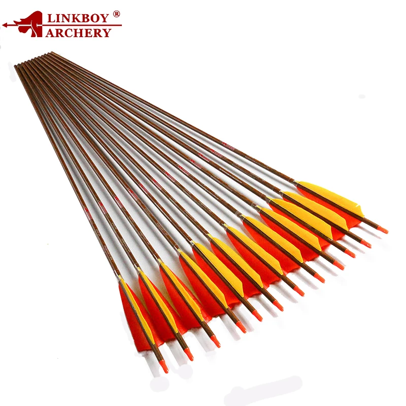

12pcs Linkboy Archery Pure Carbon Arrow 32" Sp400-600 Wood Skin Shaft and 5inch Turkey Fletching for Traidtional Bow Hunting