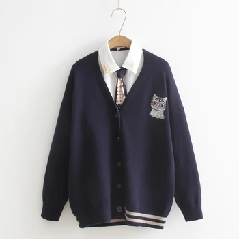 

Fashion Simple knit cardigan sweater casual loose longsleeved college wind cute cat embroidery single-breasted V-neck coatFemale