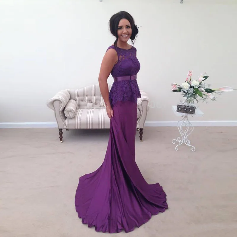 Sexy Mermaid Dark Purple Evening Dresses Sleeveless Lace Top With