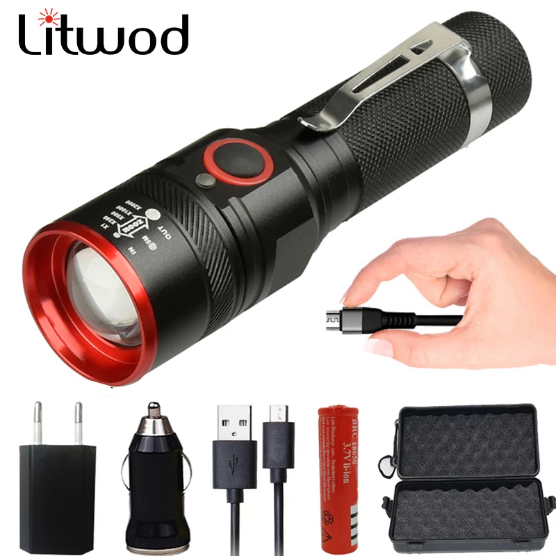 Litwod 1511 5200lm led usb recarregável 18650 bateria lanterna xm-l t6 zoomable 4 modos tocha lâmpadas ajustável lanterna preto