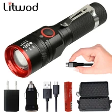 Litwod 1511 5200lm led usb recarregável 18650 bateria lanterna xm-l t6 zoomable 4 modos tocha lâmpadas ajustável lanterna preto