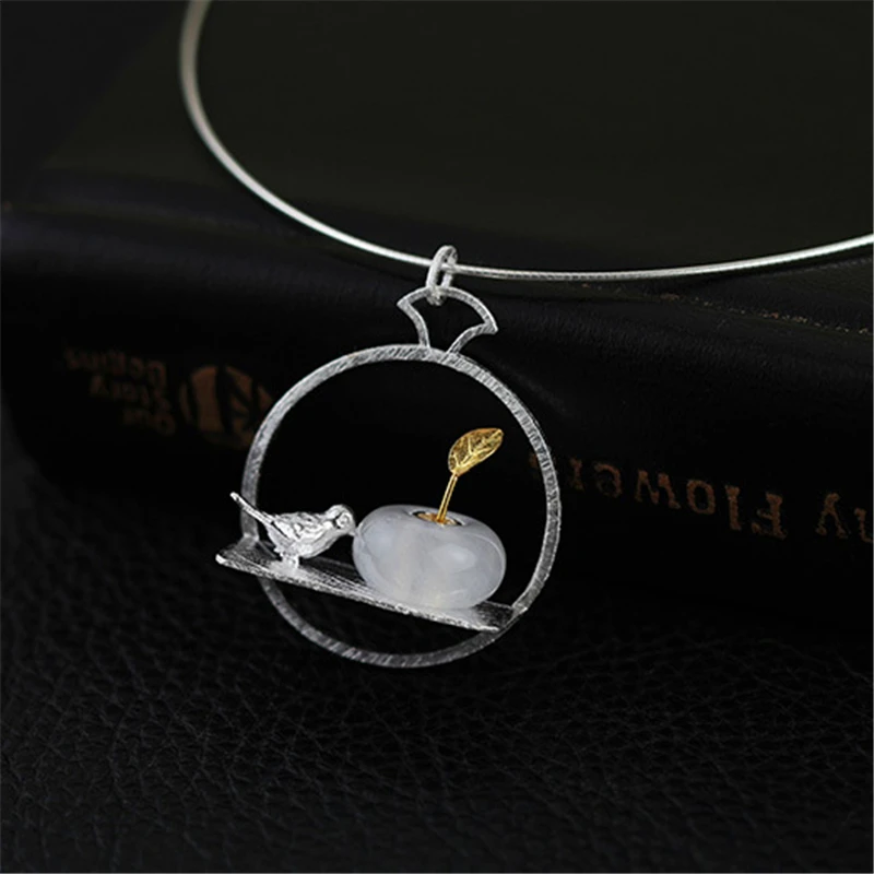 

Lotus Fun Real 925 Sterling Silver Natural Jade Handmade Fine Jewelry Bird and Flower Design Pendant without Chain for Women