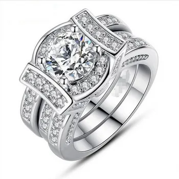 

Vintage 8*8mm Round Simulated Diamond ring 10KT White gold Plated CZ Cocktail Engagement Wedding Band Ring set for Women 2-in-1