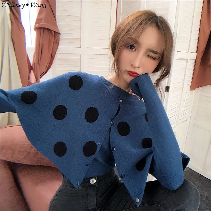 

WHITNEY WANG 2019 Autumn Winter Fashion Streetwear Korea Style Polka Dot Cloak Cardigan Women Sweater jumper pull femme Sweaters