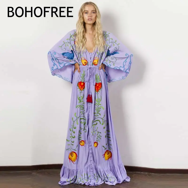 BOHOFREE Gorgeous Floral Embroidery Long Robe V Neck Loose Batwing Sleeve Ruffles Mujer Button Maxi Hippie Holiday Beach Dress batwing sleeve button jumpsuit