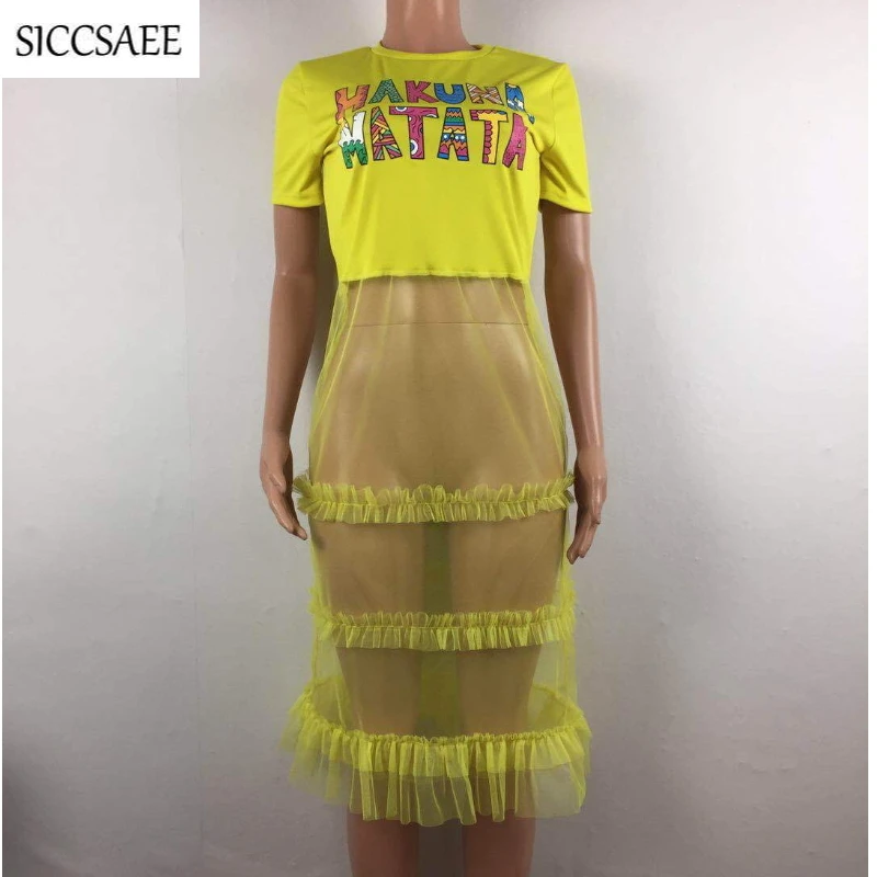 Short Sleeve Tee For Women Maxi Tshirt Dress Cartoon Letter Printed Patchwork Ropa Mujer Casual Streetwear Mesh Ruffles Summer