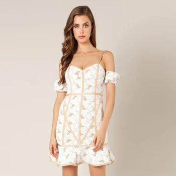 

Elegant Beige Off Shoulder Short Sleeve Women Party Dress High Quality Spaghetti Strap Bodycon Summer Badnage Dress Wholesale