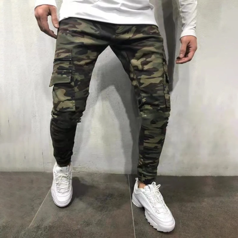 Billig 2019 neue männer Hosen Armee Grün Camouflage Dünne Lange Hosen Patchwork Casual Jeans Männer Streetwear Kleidung