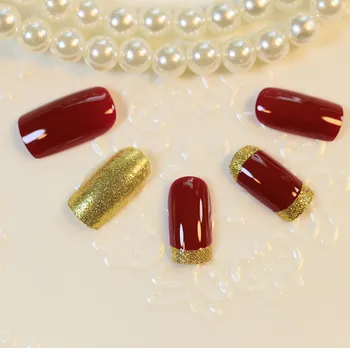 

24pcs/set Glitter Nail Tips Acrylic False Nails French Faux Ongles Fake Nails for Art Red Colour With Golden Side Free adhesive