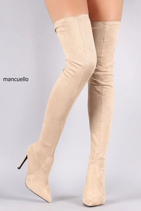 Women Elegant Beige Suede Pointed Toe Stiletto Heel Thigh High Boots Trendy Side Half Zip Long Boots Celebrities in Same HotSell