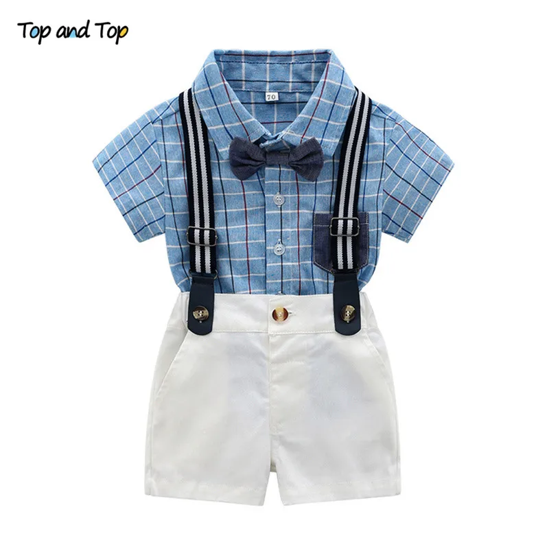 Летний комплект одежды для маленьких мальчиков рубашка в клетку с коротким