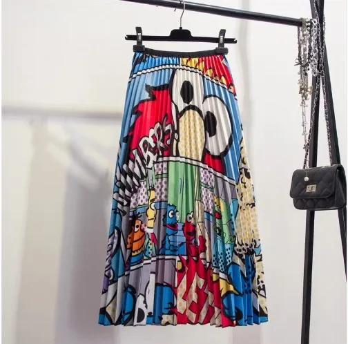 Лето-осень, плиссированная юбка с рисунком из мультфильма, высокая уличная стильная длинная юбка макси, высокая эластичная юбка из тюля для женщин, Faldas - Цвет: B2
