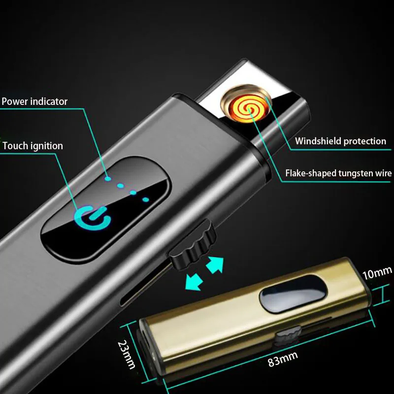 Тонкая электронная мини зажигалка с USB вольфрамовая турбо металлическая