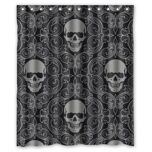 

CHARMHOME Polyester Waterproof Dark Black World Design Skull With Lacy Pattern Around Farbic Shower Curtain Bathroom Decor