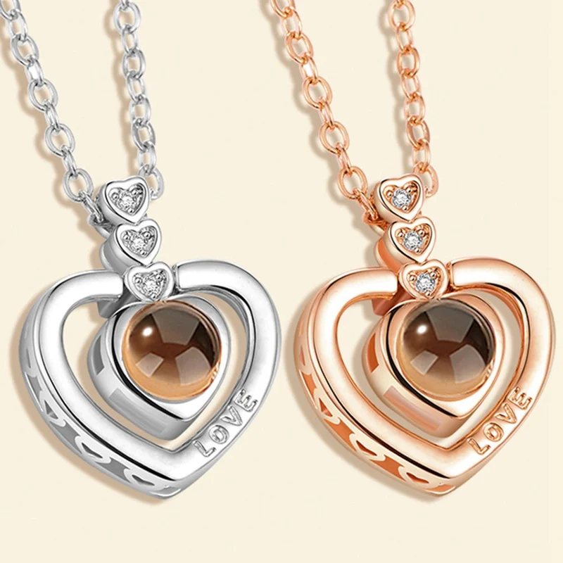 Rose Gold Silver 100 Language I love You Necklace Memory Projection Pendant Wedding Letter ...