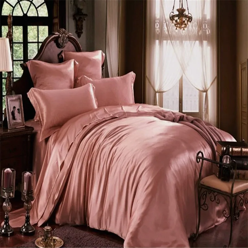 4 PCs Set Fitted Sheet Duvet Cover 19 Mm 100% Mulberry Silk Bedding Set Seamless  Pink Gray White Colors King Size Customize