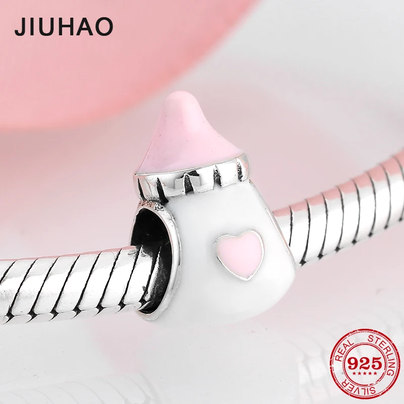 

Real 925 Sterling Silver Charms Pink Baby pacifier Feeding bottle Beads Fit Original Pandora Charms DIY Bracelet Jewelry making
