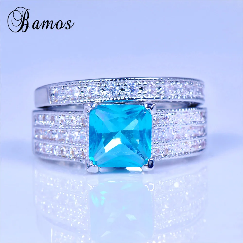 Female Light Blue Wedding Ring Set 925 Silver Engagement