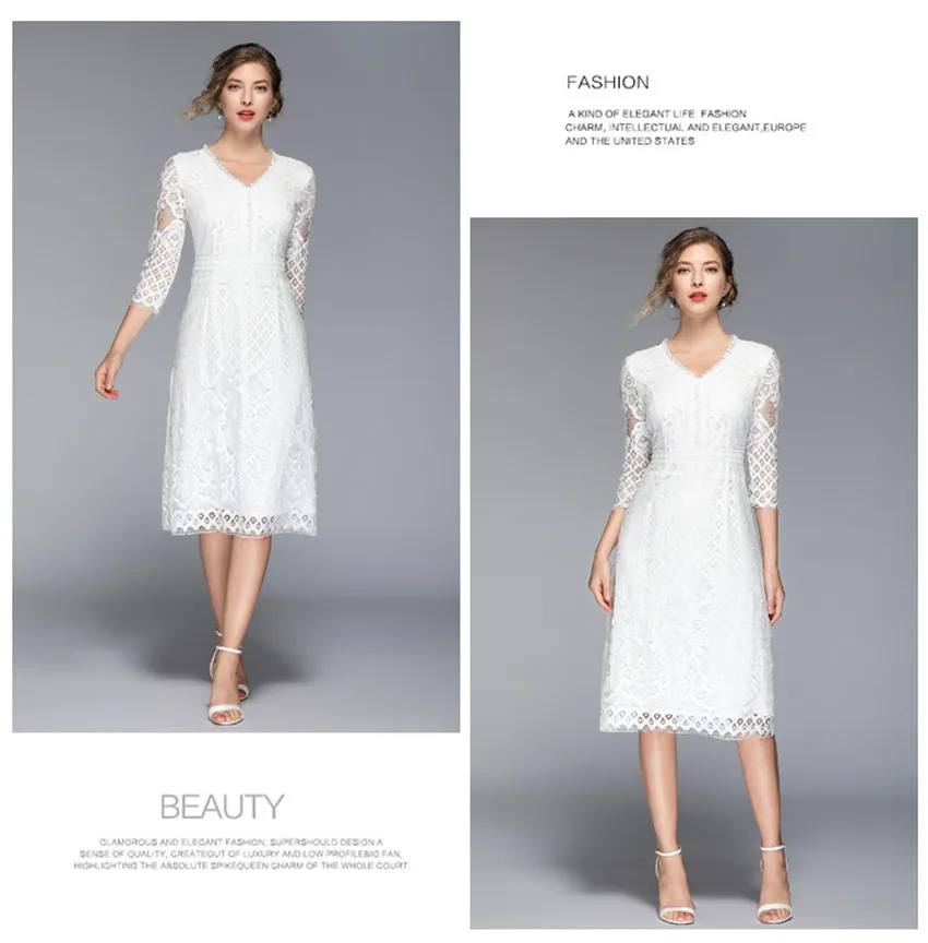 Весенне-Летнее белое кружевное платье женское однотонное элегантное платье с v-образным вырезом высококачественное модное вечернее платье средней длины Robe Femme