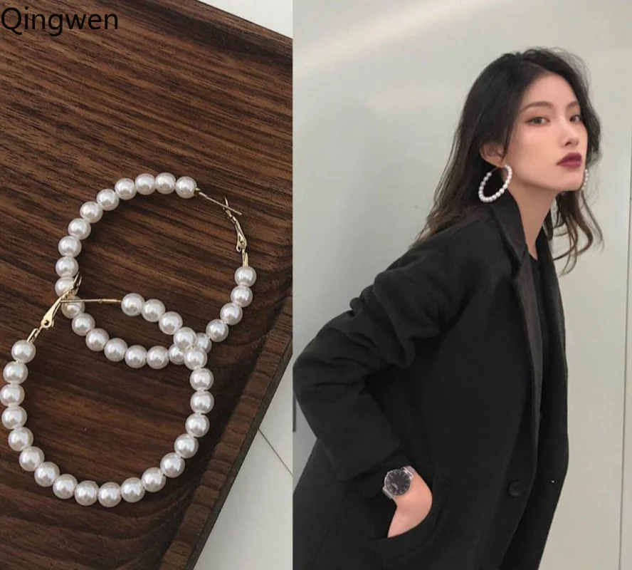

Qingwen Trendy 4CM-6CM Pearl Hoop Earrings for Women 2019 Exaggerated Large Pearl Big Circle Ear Rings Earrings Fashion Jewelry