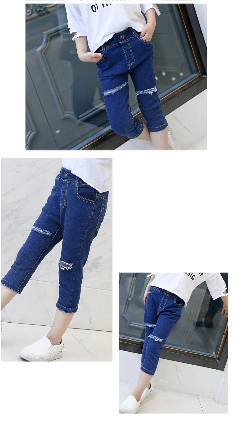 fashion 2018 children broken hole denim pants for big girls mid waist solid ripped jeans spring summer baby jeans kids clothing (4)