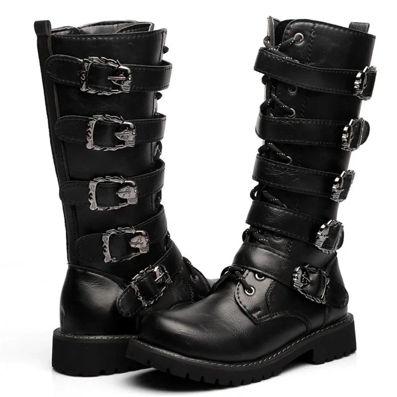 LIN KING/модные мужские ботинки до середины икры из искусственной кожи размера плюс; мотоциклетные ботинки в стиле панк; военные ботинки; уличные защитные ботинки